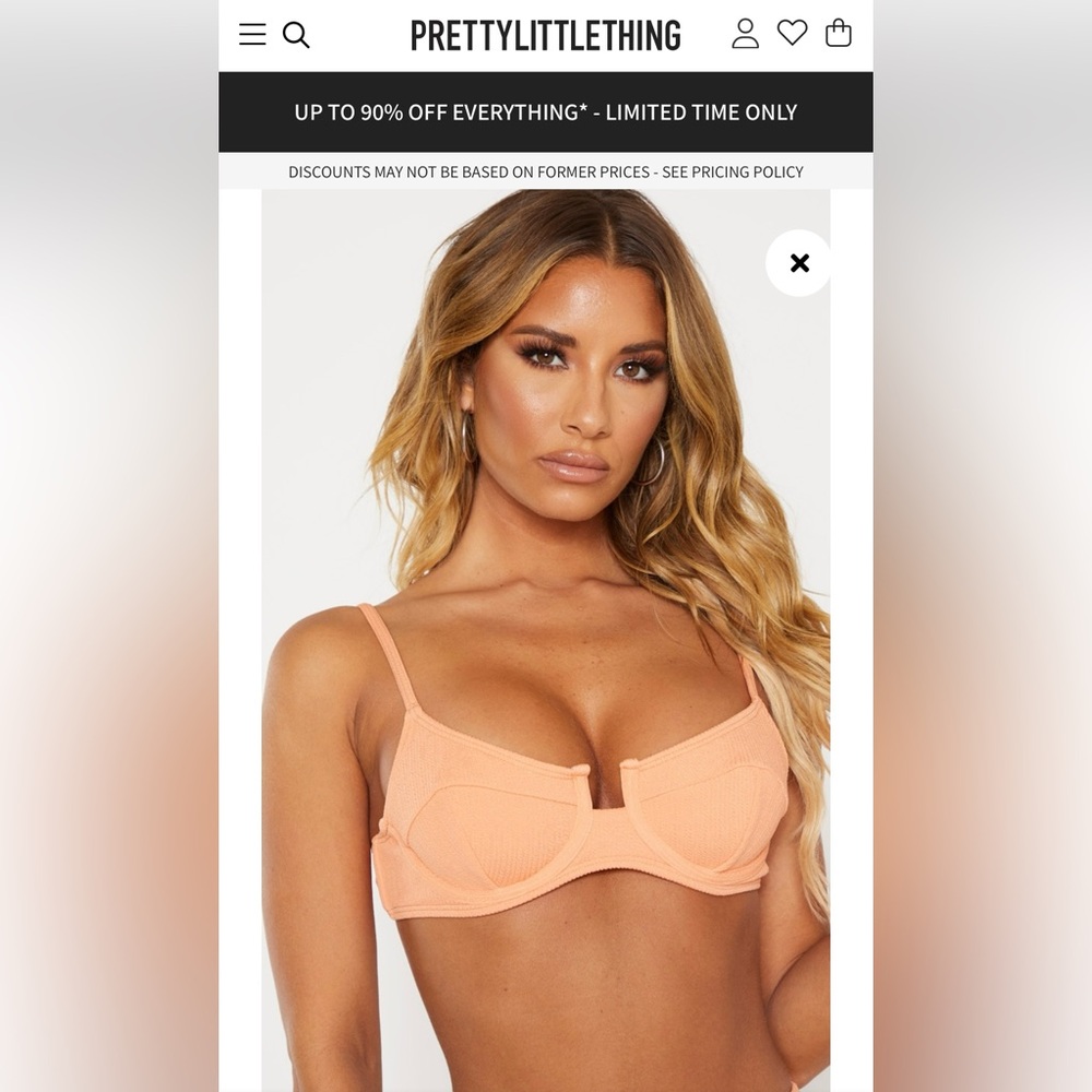 Pretty Little Thing Peach Underwire Crinkle Bikini Top - size 6